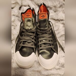 Adidas Men's Olive and White Sneakers with Orange Accents